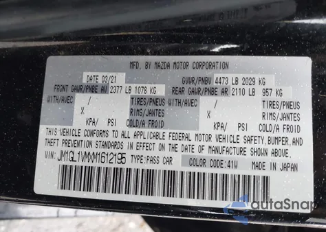 2021 Mazda Mazda6 Touring z USA, uszkodzony, nr VIN JM1GL1VMXM1612195